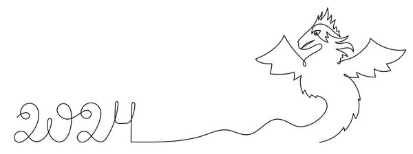 龙2024新年象征 一行艺术 连续的等高线图画 手绘的中国神话动物轮廓 星座黄道带 童话生物古代恐龙 — 图库矢量图片