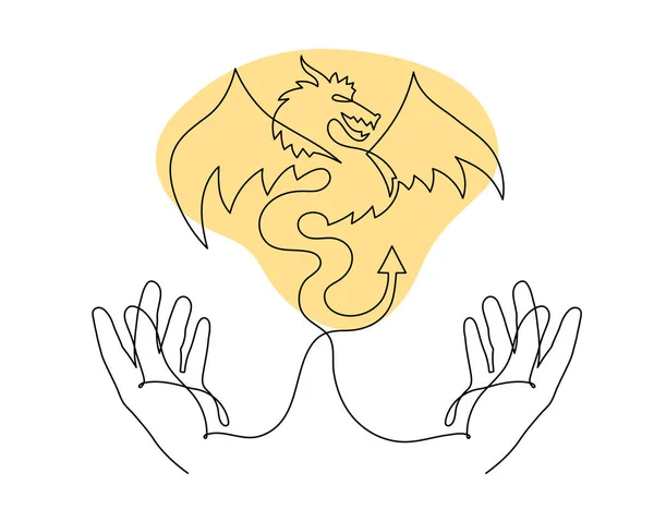 Mãos Segurar Dragão Uma Linha Arte Desenho Contorno Contínuo Desenhado —  Vetores de Stock