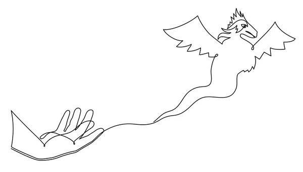 手拿着龙一条线艺术 连续的等高线图画 手绘的中国神话动物轮廓 星座黄道带星座 童话生物古老的恐龙 — 图库矢量图片