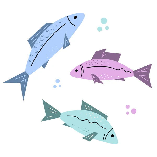 Набор Рыб Различные Плоское Море Речное Водное Животное Украшения Дизайна — стоковый вектор