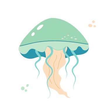 Denizanası çizgi filmi düz dekorasyon. Elle çizilmiş zehirli bir karışım, deniz okyanusu sakini, basit bir deniz karakteri tasarımı. İzole edilmiş. Vektör