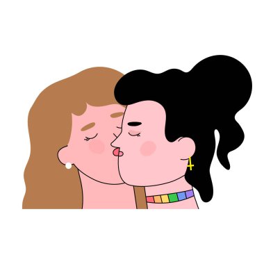 Kızlar öpüşür, LGBT aşk çifti konsepti, elle çizilmiş gurur ayı düz dekorasyonu. İnsan Hakları Hareketi, Farklılık İlişkisi Zaman Tasarımı. İzole edilmiş.