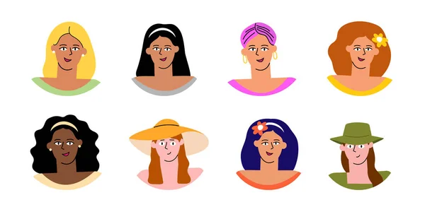 Rostros Chicas Listos Iconos Mujeres Para Redes Sociales Diferentes Avatares — Vector de stock