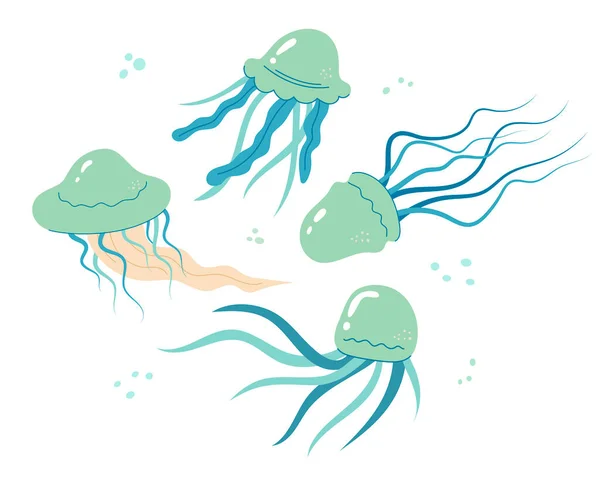 Jellyfish Cartoony Conjunto Decoração Plana Coleção Medusa Venenosa Desenhada Mão —  Vetores de Stock