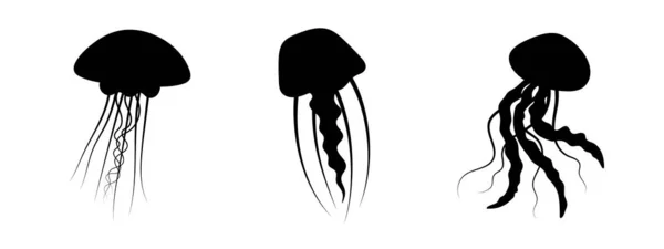 Conjunto Decoración Silueta Medusa Medusa Venenosa Dibujada Mano Habitante Oceánico — Vector de stock