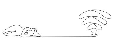 WI-FI 'lı bir kadın bir satırlık sanat sinyali, internet bağlantısı olan el çizimi kız, erişim noktası sürekli hat. Kablosuz kablosuz internet konsepti, şablon. Düzenlenebilir felç..