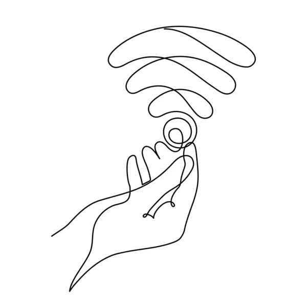 Fi信号1ラインアートと手描きの手のひらは インターネットホットスポット アクセスポイント連続コンタクトを保持しています — ストックベクタ