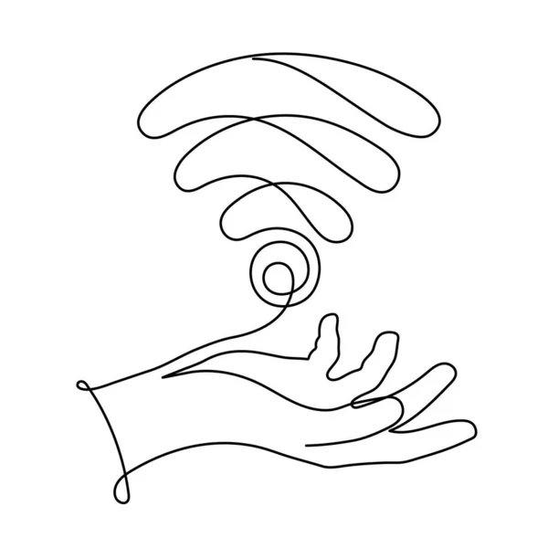 Рука Сигналом Одна Лінія Мистецтва Намальовані Долоні Тримають Гарячу Точку — стоковий вектор