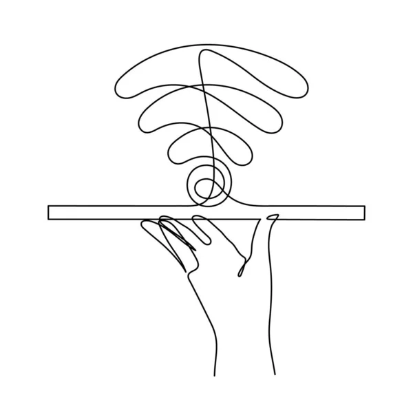 Fi信号1ラインアートと手描きの手のひらは インターネットホットスポット アクセスポイント連続コンタクトを保持しています — ストックベクタ