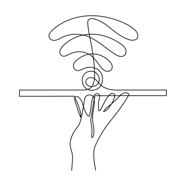 Hand Met Signaal Een Lijn Kunst Handgetekende Handpalmen Houdt Internet — Stockvector
