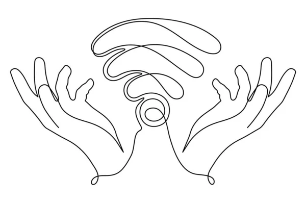 Fi信号1本のラインアートを持つ手 手描きの手のひらは インターネットホットスポット アクセスポイント連続コンタクトを保持します — ストックベクタ