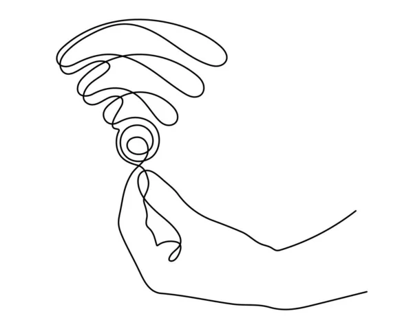 Рука Сигналом Одна Лінія Мистецтва Намальовані Долоні Тримають Гарячу Точку — стоковий вектор
