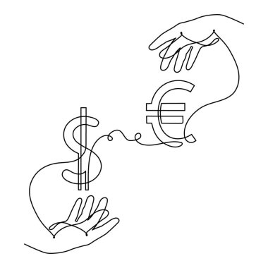 Döviz kurları, bir satır sanat, sürekli döviz çizimi olan eller, el çizimi uluslararası finans değeri iş tabelası, web tasarımı için moda şablonu, sosyal medya. Düzenlenebilir felç.