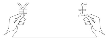 Döviz kurları, bir satır sanat, sürekli döviz çizimi olan eller, el çizimi uluslararası finans değeri iş tabelası, web tasarımı için moda şablonu, sosyal medya. Düzenlenebilir felç.