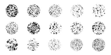 Grunge mürekkep desenleri örtüşüyor. Soyut yuvarlak, dağınık damlalar ve sıçramalar. Vintage etkisi olan daireleri lekele ve düşür. İzole edilmiş. Vektör