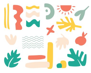 Doğal bitki ve şekiller seti, elle çizilmiş çiçek süslemeleri. Basit tasarım elementleri. Şirin doğa çiçekleri ve tasarımı terk ediyor. Modern karalama, minimalizm. İzole edilmiş. Vektör