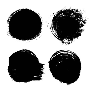 Grunge daireleri ayarlandı, fırça darbeleri çizgiler, sıçramalar, lekeler, noktalar, çizgiler ile lekelendi. Soyut, dağınık, yuvarlak lekeler. Tabaklar, Rorschach Testi için suluboya. İzole edilmiş.