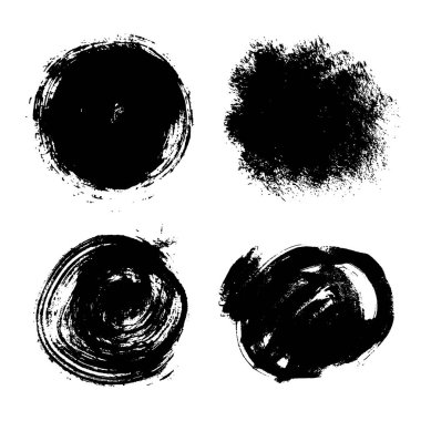 Grunge daireleri ayarlandı, fırça darbeleri çizgiler, sıçramalar, lekeler, noktalar, çizgiler ile lekelendi. Soyut, dağınık, yuvarlak lekeler. Tabaklar, Rorschach Testi için suluboya. İzole edilmiş.