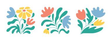 Çiçekler, son moda modern naif çiçek biçimi, botanik harikası basit estetik bitki. El yapımı minimal tarz, soyut boho yazı naif dekorasyonu.