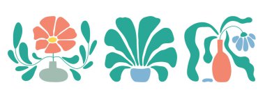 Çiçekler, son moda modern naif çiçek biçimi, botanik harikası basit estetik bitki. El yapımı minimal tarz, soyut boho yazı naif dekorasyonu.