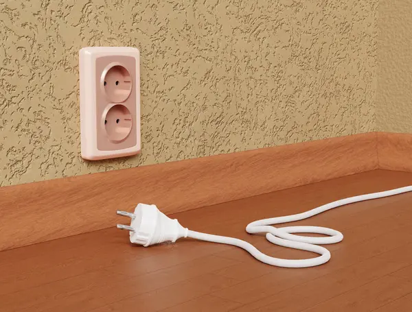 3D outlets with plug, energy power consumption concept.Plastic double socket and wire, european safe jack and cable.Realistic elements on a beige wall background. 3D Rendering illustration