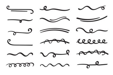 Altı çizili el çizimi set. El yapımı ayırıcılar, ayırıcılar, sınırlar, karalama stili koleksiyonu metin dekorasyonu için çeşitli sanat aksanları. İzole edilmiş. Vektör