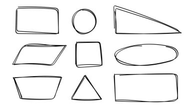 Grunge çemberleri üçgen kümesi, el çizimi yuvarlak ve dikdörtgen vurgu elementleri. Sketchy önemli işaret vurgusu şekilleri. Doodle çerçeve tasarımı. İzole edilmiş. Vektör