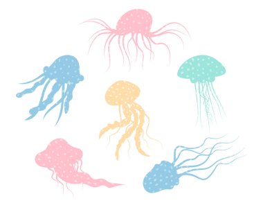 Denizanası çizgi film düz dekorasyon seti. Elle çizilmiş zehirli dokular, deniz kenarı sakini, basit bir deniz karakteri tasarımı. İzole edilmiş. Vektör