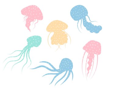 Denizanası çizgi film düz dekorasyon seti. Elle çizilmiş zehirli dokular, deniz kenarı sakini, basit bir deniz karakteri tasarımı. İzole edilmiş. Vektör