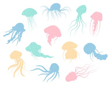 Denizanası çizgi film düz dekorasyon seti. Elle çizilmiş zehirli dokular, deniz kenarı sakini, basit bir deniz karakteri tasarımı. İzole edilmiş. Vektör