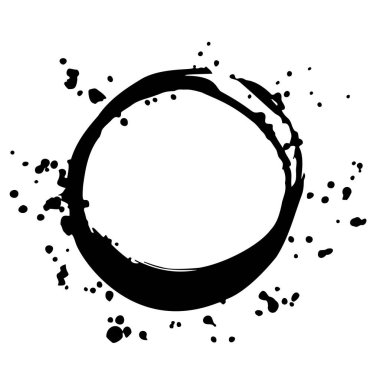 Çizgiler, sıçramalar, lekeler, noktalar, çizgiler ile Grunge kahve yuvarlak lekesi. Kapuçino lekelerinin soyut çember izi. Tabaklar, desenli oval, elips. İzole edilmiş. Vektör.
