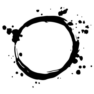 Çizgiler, sıçramalar, lekeler, noktalar, çizgiler ile Grunge kahve yuvarlak lekesi. Kapuçino lekelerinin soyut çember izi. Tabaklar, desenli oval, elips. İzole edilmiş. Vektör.