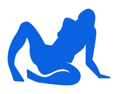 Kadın güneş banyosu, modern poz silueti, el çizimi mavi kadın figürü. Düz moda modern sanat kolajı, uygulamalı moda poster, orta yüzyıl baskılı ev tasarımı..