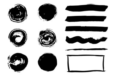 Grunge arka plan seti, daireler ve fırça darbeleri. Soyut tehlike mürekkebi desenleri ve dağınık yuvarlak lekeler. El çizimi gouache boya şeridi, substrat tasarımı. Sanat tasarımı elementi..