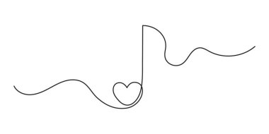 Müzikal kalp bir satır sanat, el çizimi sürekli dış hatlar. Aşk müziği kompozisyon konsepti, minimalist romantik tasarım, Sevgililer Günü için şarkı. 14 Şubat 'ta düzenlenebilir vuruş..