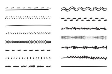Altı çizili el çizimi set. El yazısı ayırıcıları, ayırıcılar, sınırlar, karalama stili koleksiyonu metin dekorasyonu için çeşitli sanat aksanları. İzole edilmiş. Vektör