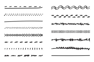 Underlines hand-drawn set. Handwriten dividers, separators, borders, collection of doodle style various art accentuation elements for text decoration. Isolated. Vector clipart