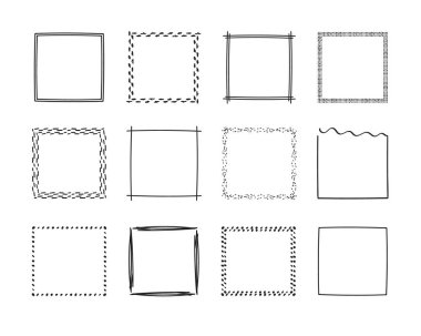 Kare çerçeve karalama seti, el çizimi monogramlar. Basit tasarım elementleri olan kenarlar ve kadrolar. İzole edilmiş.