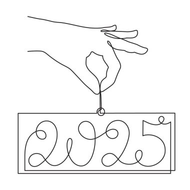 Elleri 2025 'in bir çizgisi, elleri sürekli çizilmiş. Tatil konsepti, şenlikli yeni yıl el yazısı metni, minimalist tasarım. Düzenlenebilir felç. İzole edilmiş. Vektör