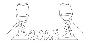 2025 yılını kutlayan şarap kadehleri, tek sıra sanat, sürekli çizim. Şerefe, bayram süsleri, basit minimalist tasarım. Düzenlenebilir felç..