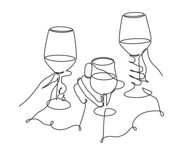 Elleriniz bardakları tokuşturur. Şerefe kadeh kaldıralım. Bayram için alkollü içecek süslemesi, romantik Sevgililer Günü tasarımı. İzole edilmiş. Vektör.