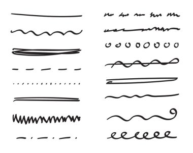 Altı çizili el çizimi set. El yazısı ayırıcıları, ayırıcılar, sınırlar, karalama stili koleksiyonu metin dekorasyonu için çeşitli sanat aksanları. İzole edilmiş. Vektör