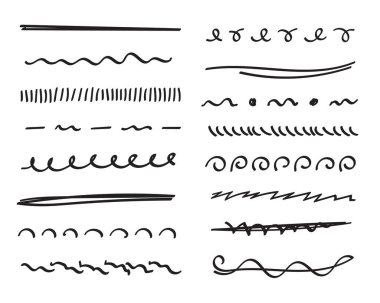 Altı çizili el çizimi set. El yazısı ayırıcıları, ayırıcılar, sınırlar, karalama stili koleksiyonu metin dekorasyonu için çeşitli sanat aksanları. İzole edilmiş. Vektör