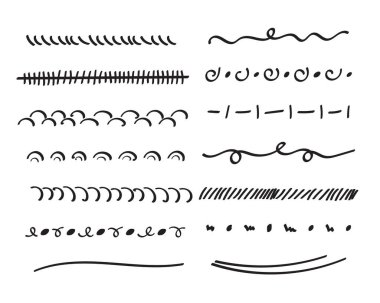 Altı çizili el çizimi set. El yazısı ayırıcıları, ayırıcılar, sınırlar, karalama stili koleksiyonu metin dekorasyonu için çeşitli sanat aksanları. İzole edilmiş. Vektör