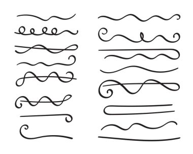 Altı çizili el çizimi set. El yazısı ayırıcıları, ayırıcılar, sınırlar, karalama stili koleksiyonu metin dekorasyonu için çeşitli sanat aksanları. İzole edilmiş. Vektör