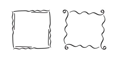 Kare karalama çerçeveleri, el yazması monogramlar. Kenarları ve kadranları basit tasarım elementleri. İzole edilmiş.