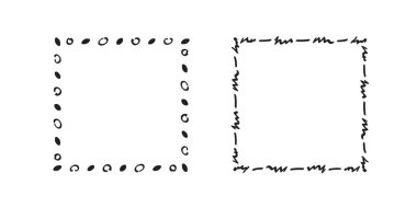 Kare karalama çerçeveleri, el yazması monogramlar. Kenarları ve kadranları basit tasarım elementleri. İzole edilmiş.