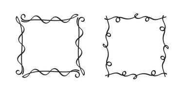 Kare karalama çerçeveleri, el yazması monogramlar. Kenarları ve kadranları basit tasarım elementleri. İzole edilmiş.