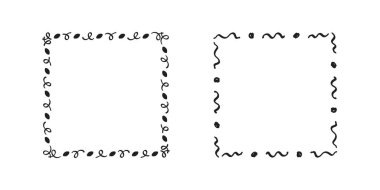 Kare karalama çerçeveleri, el yazması monogramlar. Kenarları ve kadranları basit tasarım elementleri. İzole edilmiş.