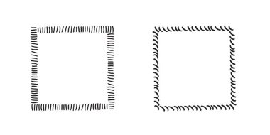 Kare karalama çerçeveleri, el yazması monogramlar. Kenarları ve kadranları basit tasarım elementleri. İzole edilmiş.